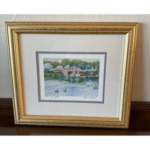 Framed 15'' x 13" Print Two Swan‎ Boats by Thomas Rebek, Signed